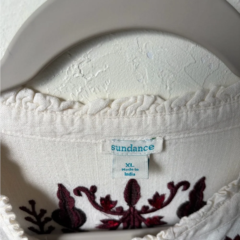 Sundance White Burgundy Embroidered Maxi Dress Tie Waist Boho Cottagecore XL - Picture 2 of 16